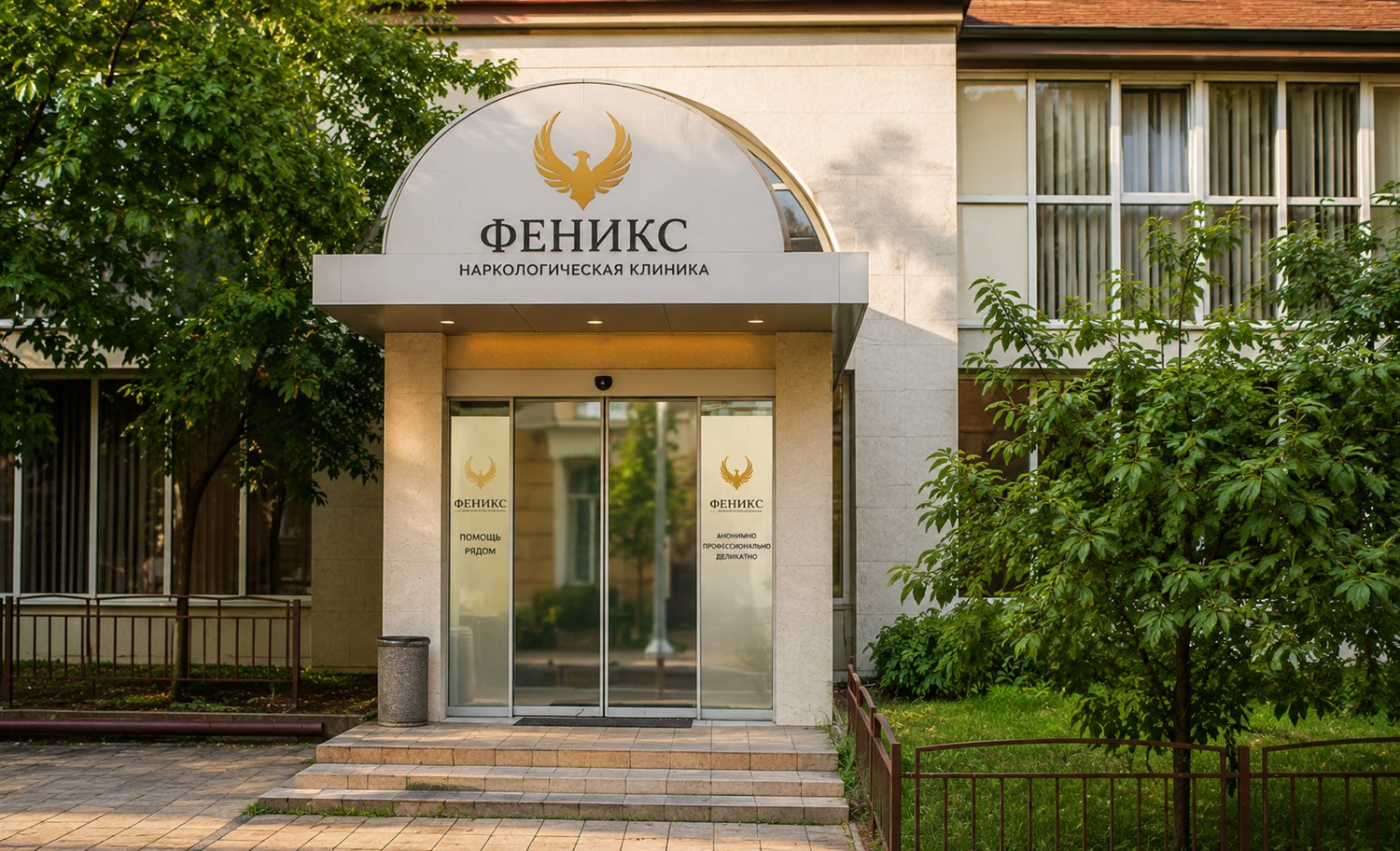 Вход в наркологическую клинику «Феникс» в Белогорске